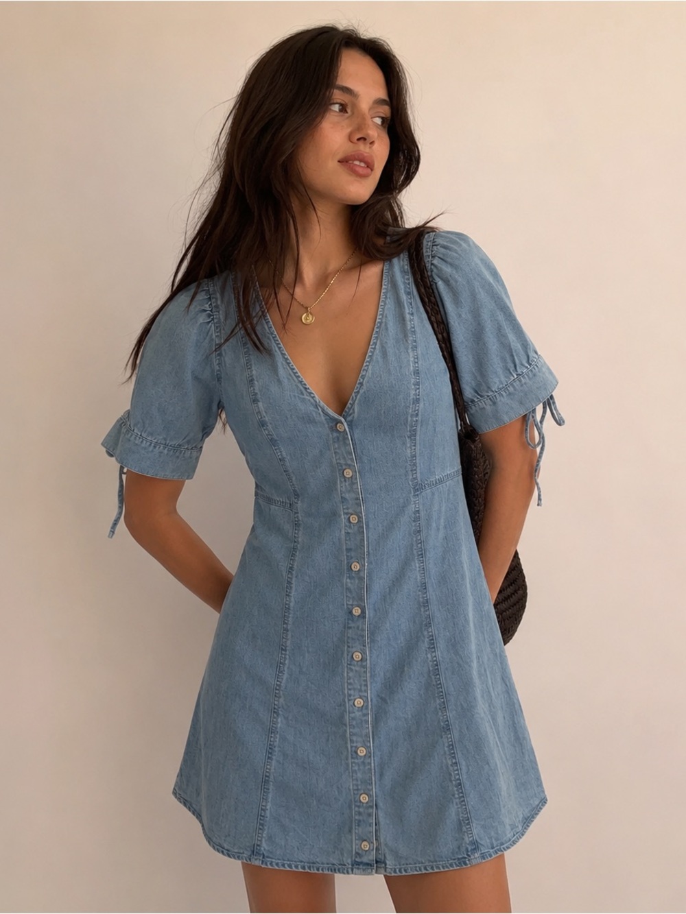 Madewell Button Front V Neck Denim Mini Dress Tie Sleeves Size 6